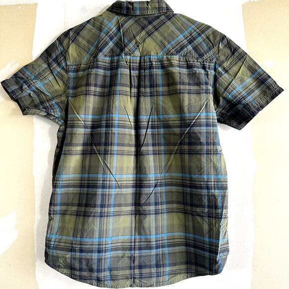 Prana Cayman Plaid Button Up Shirt Short Sleeve Chest Pockets Green Blue Small - Picture 6 of 6